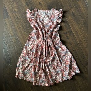 shein ruffled sleeve v neck pink blue floral summer dress women’s small